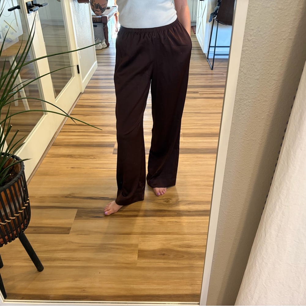 Brown Faux Silk Wide-Leg Pants